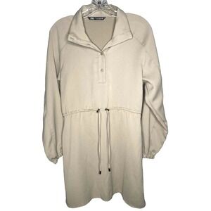 Zara Women's Taupe Long Sleeve Minimalist Elastic Waist Midi Shirt Dress Size XS
